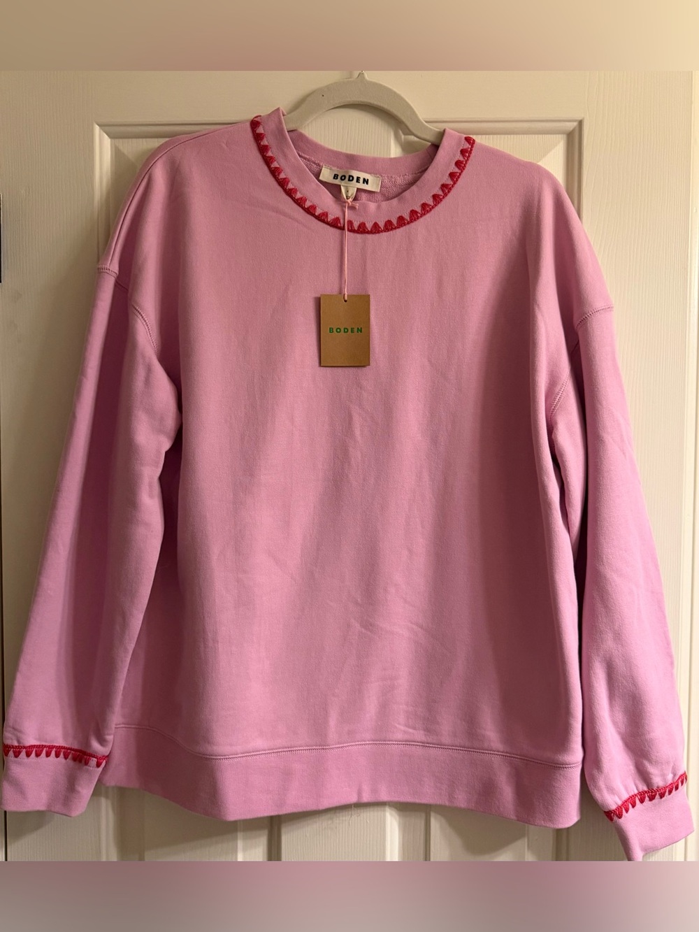 Boden Lilac Crewneck Sweatshirt with Red Trim Detail